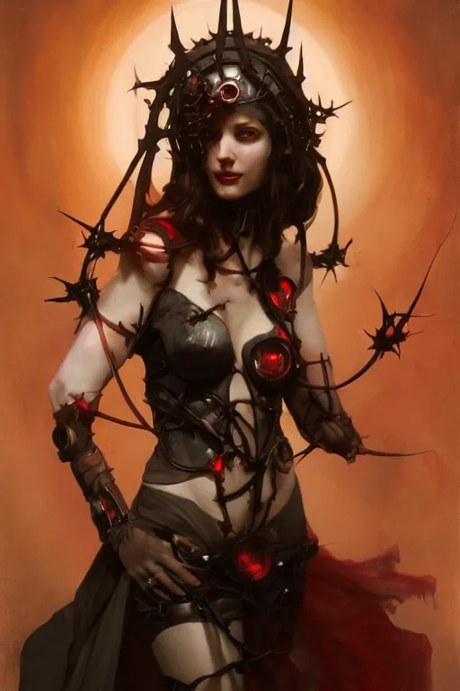 Image similar to Portrait of beautiful pale laughing succubus cyborg maiden with crown of thorns and glowing red eyes, steampunc, digital art from artstation by Ruan Jia and Mandy Jurgens and Artgerm and william-adolphe bouguereau