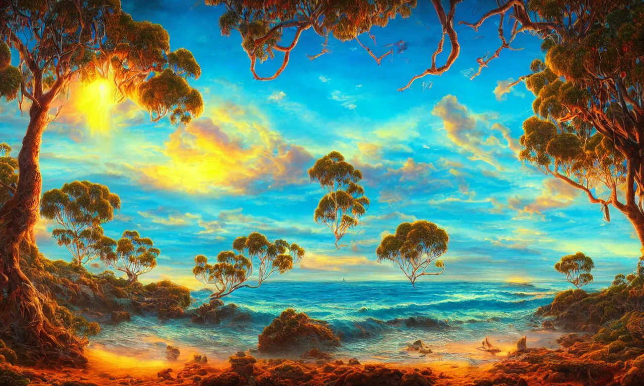 Prompt: Beautiful Australian island sunrise, Mark Ryden style, vivid colors, high details, cinematic, 8k resolution, beautiful detailed, photorealistic, digital painting, happy vibes, artstation, concept art, smooth, sharp focus, illustration, fantasy background, artstation trending, octane render, unreal engine