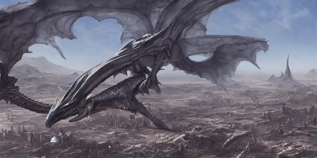 Image similar to giger wyvern flying over desert city, in style of federico pelat greg rutkowski