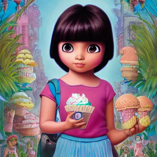 Image similar to dora the explorer as real girl holding ice cream, detailed, intricate complex background, Pop Surrealism lowbrow art style, muted pastel colors, soft lighting, by Mark Ryden and mucha, artstation cgsociety