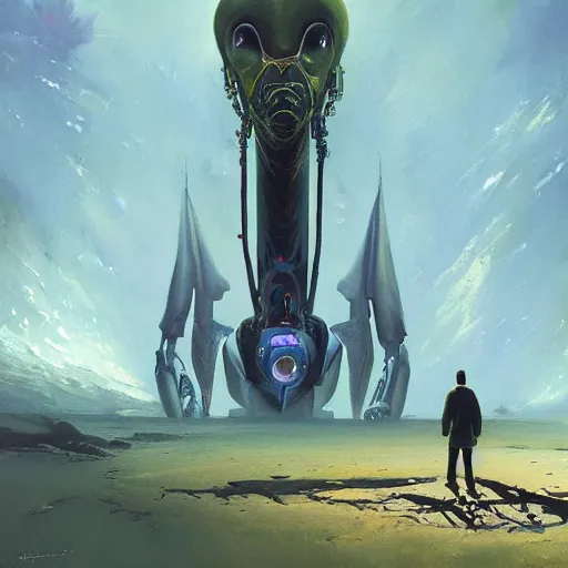 Image similar to a painting of a man standing in front of a giant alien, poster art john berkey and simon stalenhag and gilbert williams, cgsociety, space art, lovecraftian, cosmic horror, poster art