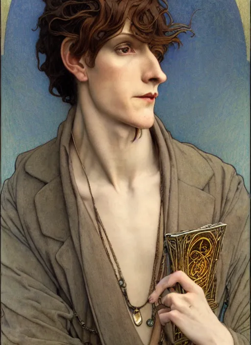 Image similar to edmund dulac, leyendecker, highly detailed portrait, a beautiful androgynous young ron wood, long hair, tall and thin, wearing several pendants, art nouveau, stephen bliss, unreal engine, by greg rutkowski, loish, ferdinand knab, ilya kuvshinov, rossdraws, tom bagshaw, alphonse mucha, global illumination, radiant light