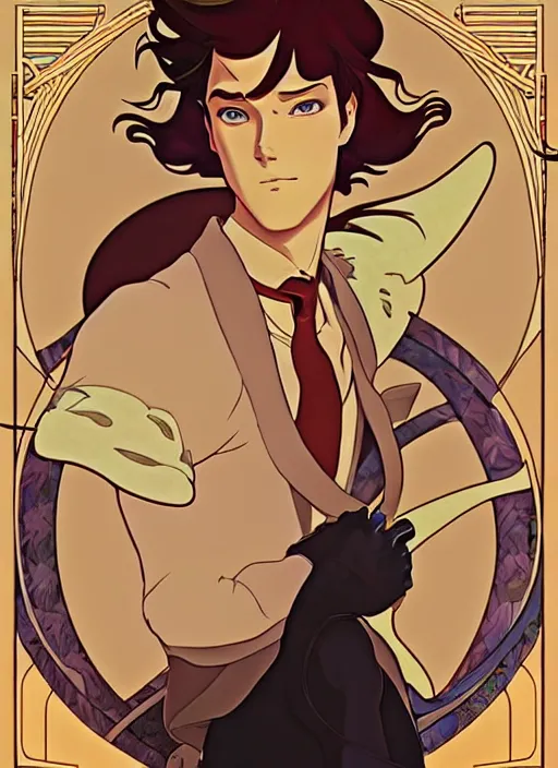 Image similar to art nouveau portrait of catboy, natural lighting, path traced, highly detailed, high quality, cartoon, digital painting, by don bluth and ross tran and studio ghibli and alphonse mucha