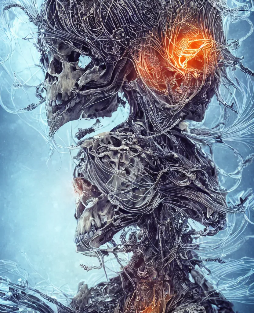 Image similar to close-up macro portrait of the face of a beautiful princess with animal skull mask, epic angle and pose, ribcage bones symmetrical artwork, 3d with depth of field, blurred background, cybernetic jellyfish female face skull phoenix bird, translucent, nautilus, energy flows of water and fire. a highly detailed epic cinematic concept art CG render. made in Maya, Blender and Photoshop, octane render, excellent composition, cinematic dystopian brutalist atmosphere, dynamic dramatic cinematic lighting, aesthetic, very inspirational, arthouse. y Greg Rutkowski, Ilya Kuvshinov, WLOP, Stanley Artgerm Lau, Ruan Jia and Fenghua Zhong