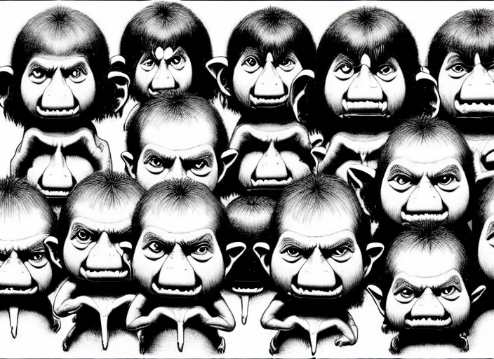 Prompt: black and white simple ms paint doodle of group portrait of anthropomorphic wide - angle group portrait of grey cute mr bean goblins looking funny, art by artgerm, bob eggleton, michael whelan, stephen hickman, richard corben, wayne barlowe, and greg rutkowski and alphonse mucha,