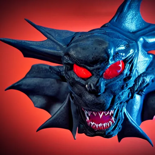 Image similar to detailed full body of scary giant mutant dark blue humanoid bat, glowing red eyes flying above a stormy ocean, sharp teeth, acid leaking from mouth, realistic, giant, bat ears, bat nose, bat claws, bat wings, furred, covered in soft fur, detailed, 85mm f/1.4