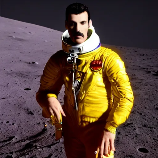 Prompt: color photography of Freddy mercury singing on the moon, iconic yellow jacket