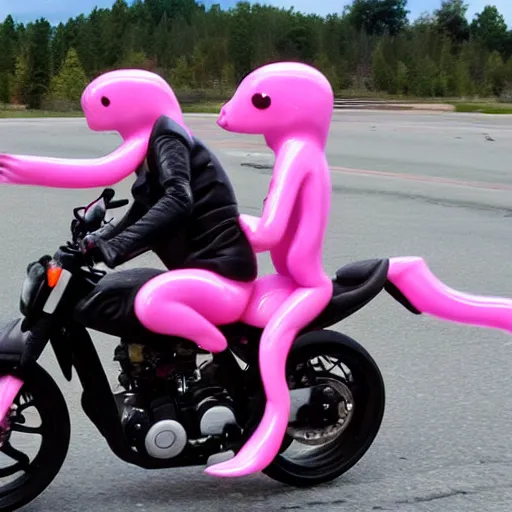 Prompt: humanoid pink female Squid creatures riding a motorcycle fast