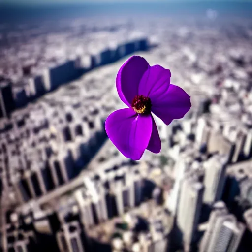 Image similar to closeup photo of one purple flower petal flying above a city, aerial view, shallow depth of field, cinematic, 8 0 mm, f 1. 8