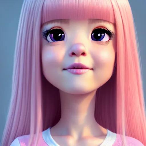 Image similar to A portrait of Nikki from Shining Nikki and Love, a cute 3d cgi toon young woman with long light pink hair, full bangs, hazel eyes, full face, light makeup, pale skin, Chinese heritage, cute outfit, medium shot, mid-shot, hyperdetailed, 8k, trending on artstation, as a Pixar character