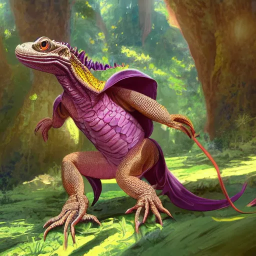 Image similar to concept art painting of an anthropomorphic bearded dragon scalie wearing magenta wizard robes, in the deep forest, realistic, detailed, cel shaded, in the style of makoto shinkai and greg rutkowski and james gurney