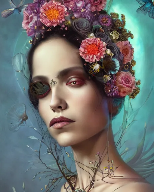 Image similar to portrait of the mulatto queen of the underworld, surrounded by flowers by karol bak, james jean, tom bagshaw, rococo, sharp focus, trending on artstation, cinematic lighting, hyper realism, octane render, 8 k, hyper detailed.