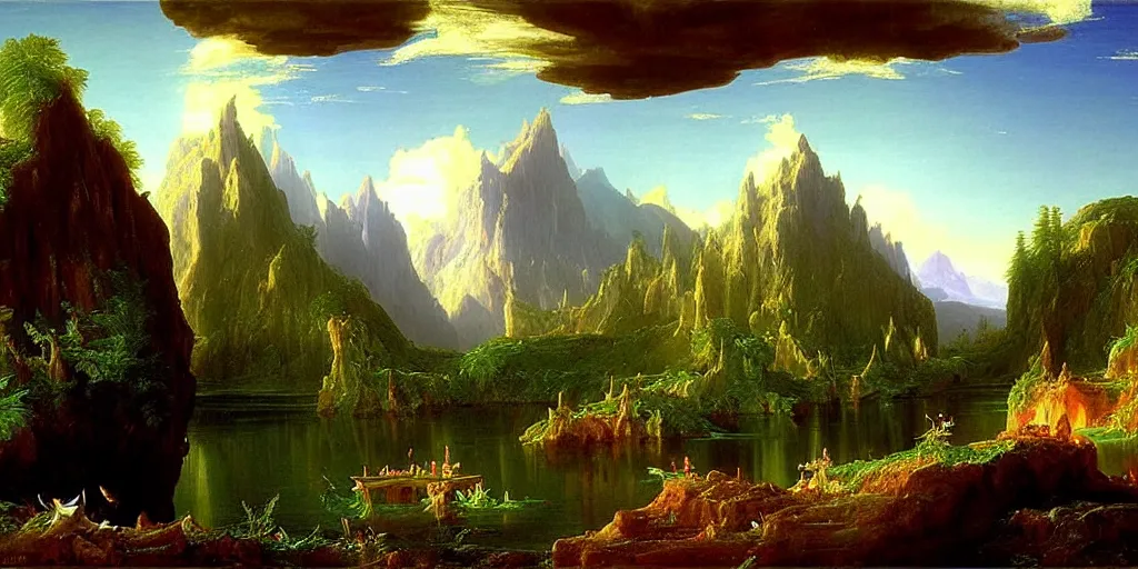 Prompt: a fantasy landscape by thomas cole and ivan shishkin