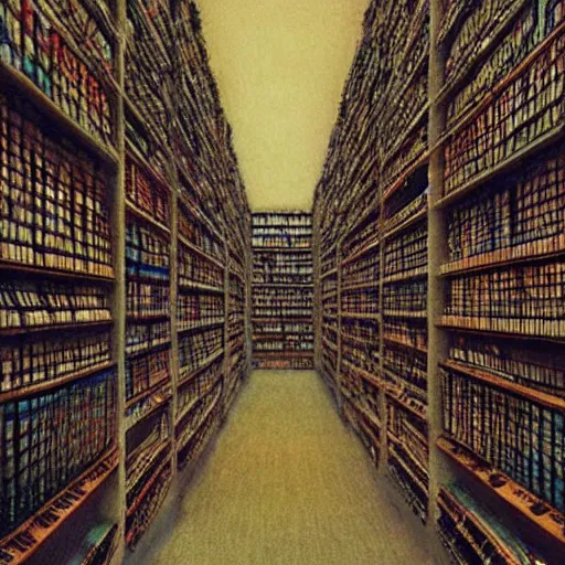 Prompt: endless rows of library books on shelves in a dream setting in the style of zdzislaw beksinski