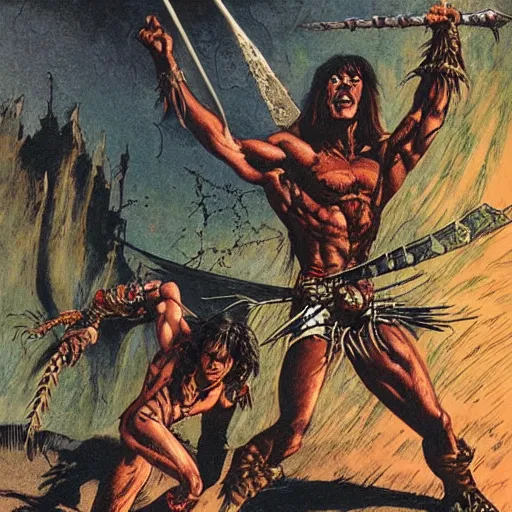 Prompt: “ conan the barbarian attacks a giant spider with red eyes ” val semeiks, barry windsor smith, john buscema, ernie chan, earl norem.