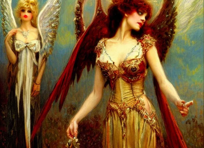 Image similar to horizontal prtrait of an angel knight gothic girl, baroque dress. by gaston bussiere