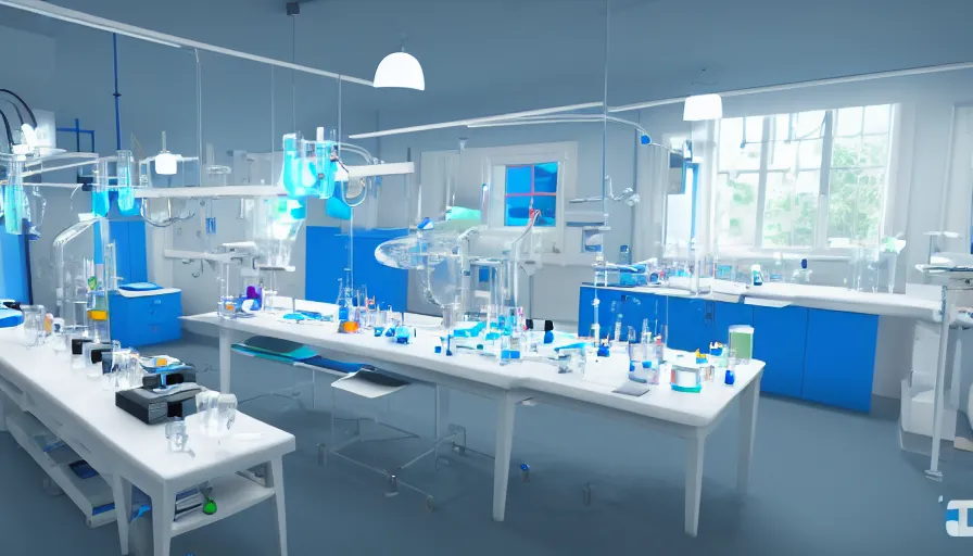 Image similar to a small biology laboratory, white and blue decorations in the room, colorful reagents and a microscope on the table. game cg, hyperdetailed, trending on cgsociety