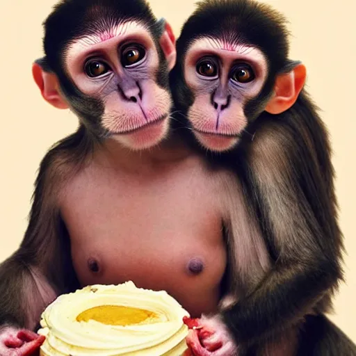 Image similar to an older monkey hugging his younger sister, birthday, cake, hyper realistic