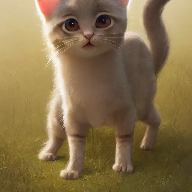 Prompt: a painting of a cute light beige kitten. dark brown ears and face and legs and tail. white paws. tall grass. big eyes. character design by cory loftis, fenghua zhong, ryohei hase, ismail inceoglu and ruan jia. volumetric light, detailed, rendered in octane