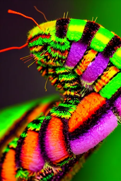 Image similar to high quality macro photo multicolored puss moth caterpillar! gorgeous highly detailed hannah yata elson peter cinematic lighting high quality low angle hd 8k sharp shallow depth of field