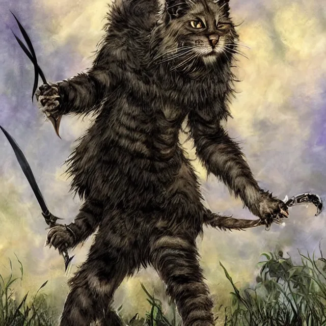 Prompt: khajit tabaxi catfolk humanoid with maine coon features black fur with a scar on the left eye and holding two shortswords cloaked in shadow and wearing hooded leather armor agile, dungeons and dragons, fantasy, tarot card style, high detail, hyper realistic