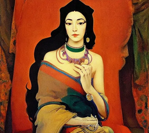 Image similar to an oil painting a queen with curly dark hair, by nicholas roerich, by gustave moreau, by james hawe, by frank frazetta!!, by georgia o keeffe, highly detailed, realistic, realism, manierism, oil painting