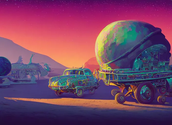 Image similar to a luminescent gypsy caravan by paolo eleuteri serpieri and tomer hanuka and chesley bonestell and daniel merriam and tomokazu matsuyama, unreal engine, high resolution render, featured on artstation, octane, 8 k, highly intricate details, vivid colors, vector illustration