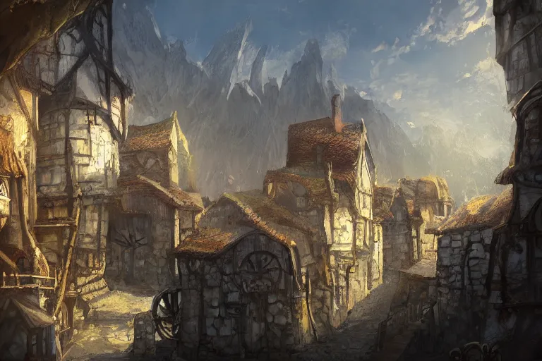 Image similar to A beautiful medieval settlement, iron ,iron, iron, fantasy, D&D, concept art, sharp focus, trending on artstation, digital painting, midday, sunny, beautiful