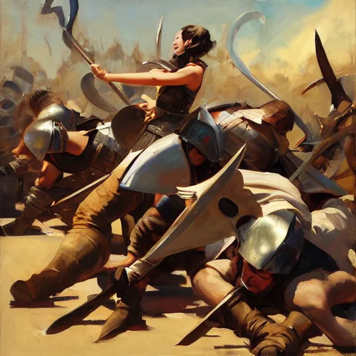 Prompt: greg manchess portrait painting of people stripping over a pile of swords in an arena, medium shot, asymmetrical, profile picture, organic painting, sunny day, matte painting, bold shapes, hard edges, street art, trending on artstation, by huang guangjian, gil elvgren, ruan jia, randy vargas, greg rutkowski