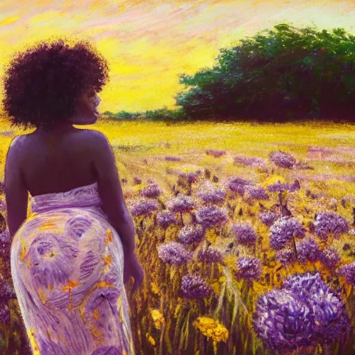 Prompt: pregnant east african woman with curly hair in a vast field of flowers with a tiny black puppy, laying down, looking into the distance, golden hour, vintage, impressionist painting, fine art, oil painting, dreamy, pastel, laughing, happy, intricate details, sharp, peaceful, serene