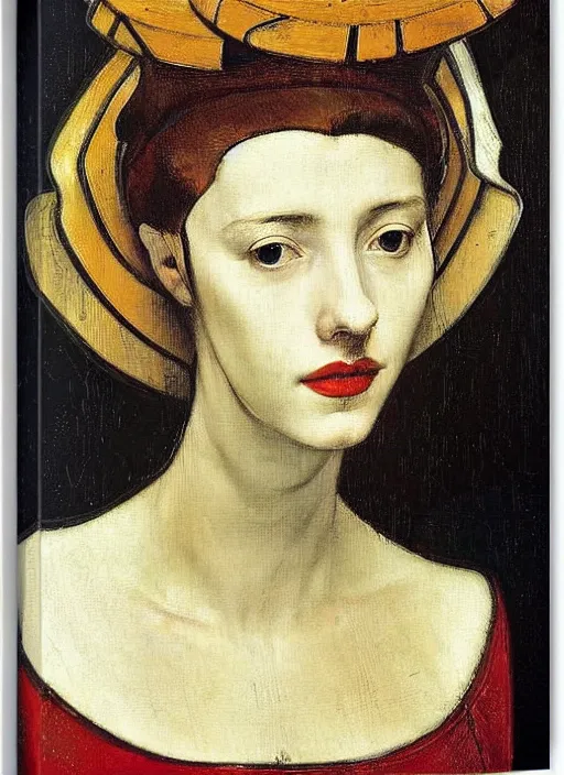 Prompt: portrait of young woman in renaissance dress and renaissance headdress, art by piet mondrian