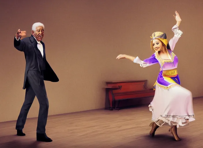 Image similar to morgan freeman playing the spanish guitar and princess zelda from the legend of zelda dancing flamenco, realism, 4 k, award winning photograph octane render, award winning photograph