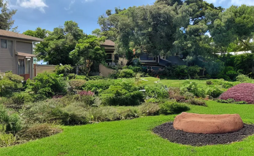 Image similar to suburban house and yard with small volcano erupting in the yard foreground, ground level