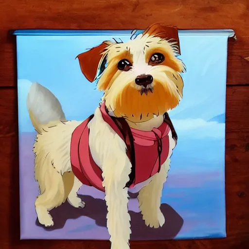 Image similar to painting of cute dog, full size, in style of studio ghibli, photorealistic