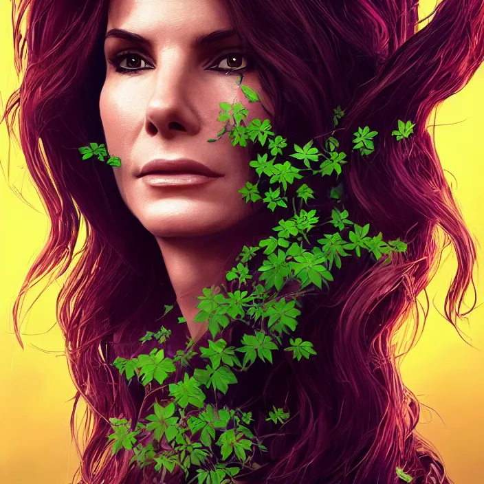 Image similar to portrait of Sandra Bullock as a Poison Ivy. intricate artwork. by Tooth Wu, wlop, beeple, dan mumford. octane render, trending on artstation, greg rutkowski very coherent symmetrical artwork. cinematic, hyper realism, high detail, octane render, 8k