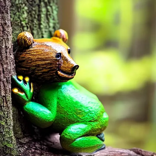 Prompt: vibrant, beautiful, award - winning, of a bear holding a frog. daytime, sun light, forest, natural light, outdoors, long shot, wide shot, full shot,