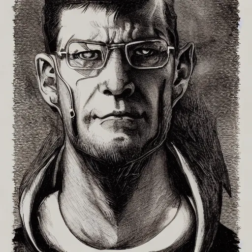 Prompt: Portrait Hank Hill Vampire Plumber greg rutkowski jacques callot albrecht durer jen bartel gustav dore engraved ink stamp aquatint etching intaglio 4k artstation wikiart wikipedia