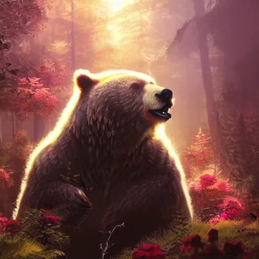 Prompt: a roaring bear, beautiful, atmosphere, fearsome, vibe, forest, fern, flowers, concept art illustration, color page, tone mapping, akihiko yoshida, james jean, andrei riabovitchev, marc simonetti, digital illustration, greg rutowski, volumetric lighting, sunbeams, particles