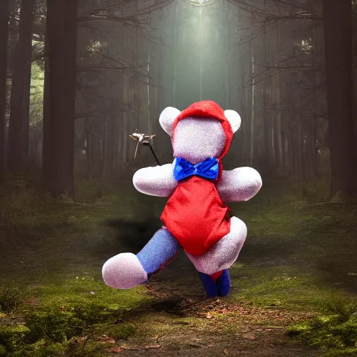 Image similar to demonic blue'snappy gifts'human - sized plush doll, in magical forest, holding gift, dark atmosphere, high detail, soft lighting, 8 k