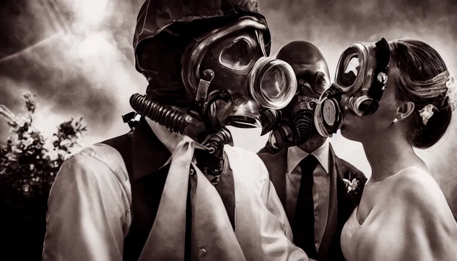 Image similar to disturbing big budget hollywood movie bride and groom wearing gas masks at the marriage of reason and squalor perfect composition dramatic lighting chiaroscuro