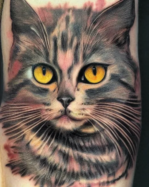 Image similar to close up of a beautiful cat with colourful intricate tattoos, by william - adolphe bouguereau, artistic, intricate drawing, realistic fantasy, extremely detailed and beautiful aesthetic face, 8 k resolution, dramatic lighting