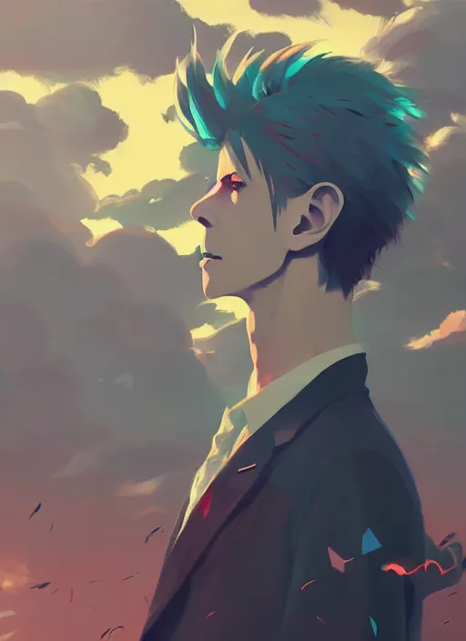 Image similar to portrait of david bowie, cloudy sky background lush landscape illustration concept art anime key visual trending pixiv fanbox by wlop and greg rutkowski and makoto shinkai and studio ghibli