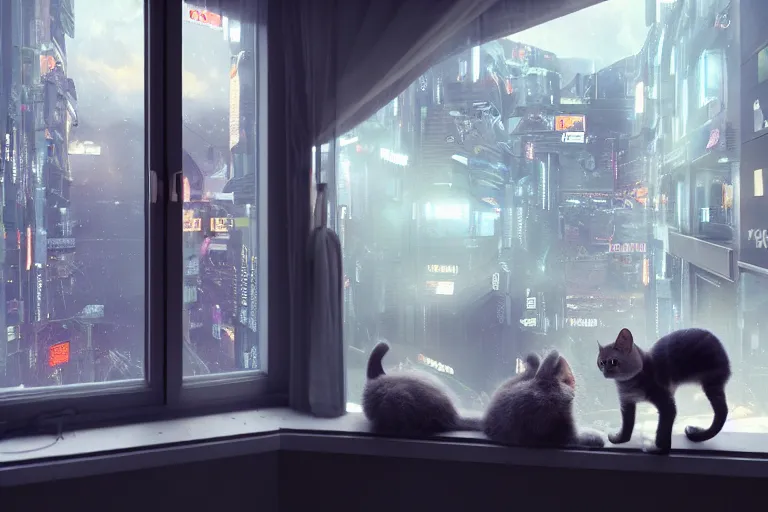 Image similar to Big european shorthair cat and small fluffy kitten from the back in the apartment room looking to window in a cyberpunk city, soft god rays from city lights outside the window, unreal engine 5, soft neon atmosphere, photorealistic, soothing colors, somber melancholic matte painting, hyperrealism, hyperrealistic, cinematic masterpiece, cyberpunk style 8k ultrahd octane render