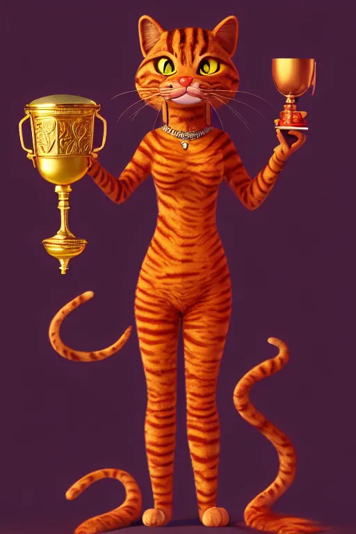 Prompt: fullbody!! personification of garfield the cat garfield goddess holding a blood chalice, stunning, garfield cat face, hyperrealistic, trending on artstation, smooth and sharp, intricate, highly detailed, elegant, professional character concept art by tatyana kupriyanova