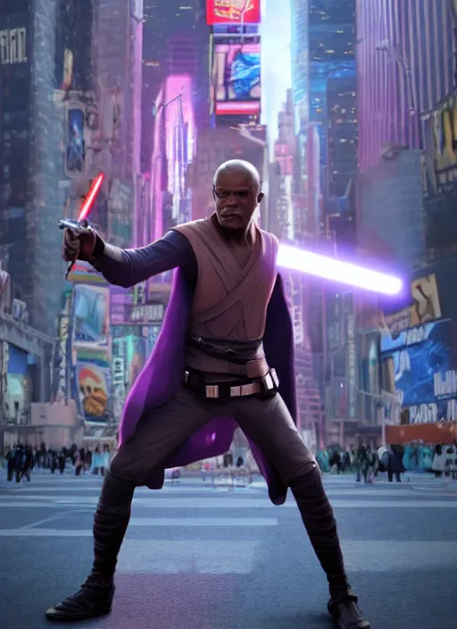 Image similar to An epic fantasy comic book style portrait painting of a young Mace Windu using the force to escape the police in Times Square, Star Wars, Unreal 5, DAZ, hyperrealistic, octane render, cosplay, RPG portrait, dynamic lighting