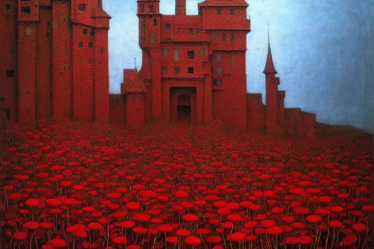 Image similar to only with red, red flowers of different types, a red tiger, a castle in the background, medieval demons dance over the flowers, an ancient path, in the style of beksinski, part by hopper, part by rodcenko, part by hofbauer, intricate composition, red by caravaggio, insanely quality, highly detailed, masterpiece, red light, artstation