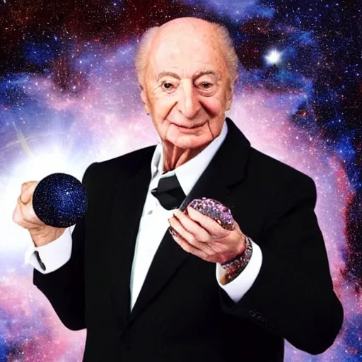 Prompt: a very detailed portrait of piero angela, holding a galaxy on his hand