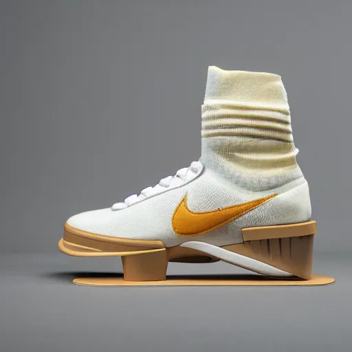 Image similar to a studio photoshoot of Nike sneakers designed by Tom Sachs, cream leather with knitted mesh material, gum rubber outsole, realistic, color film photography by Tlyer Mitchell, 35 mm, graflex