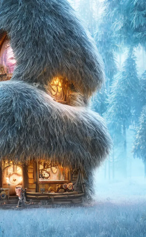 Prompt: a hut made of fur, magical forest, community, robots, electric swirls, furry, soft, concept art, intricate details, highly detailed, photorealistic, disney pixar, octane render, iridescent, anime, 8 k