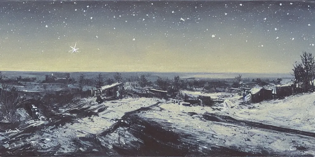 Prompt: A WW2 battlefield, nighttime, winter, calm, stars, shooting star, painting by Isaac Levitan